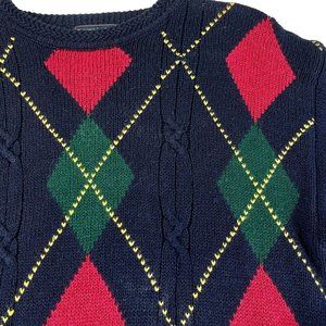 Vintage WOODS & GRAY Mens M Blue Argyle Cable Knit Golf Long Sleeve Sweater